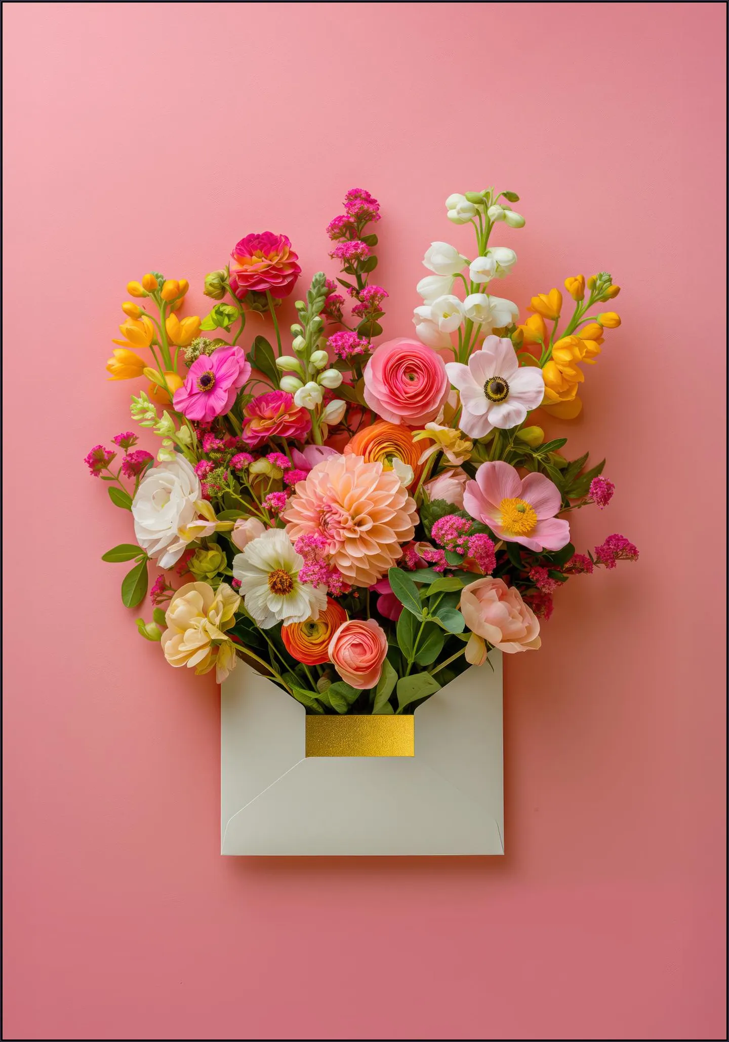 Pink Floral Still Life with Colorful Flowers in Gold Envelope