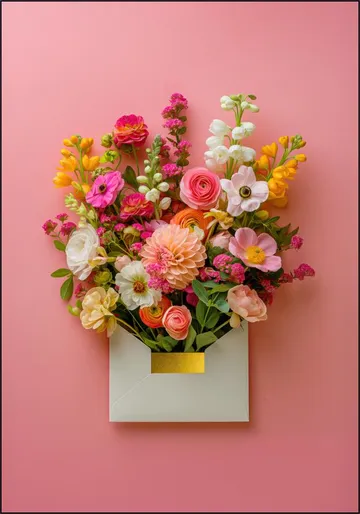 Pink Floral Still Life with Colorful Flowers in Gold Envelope