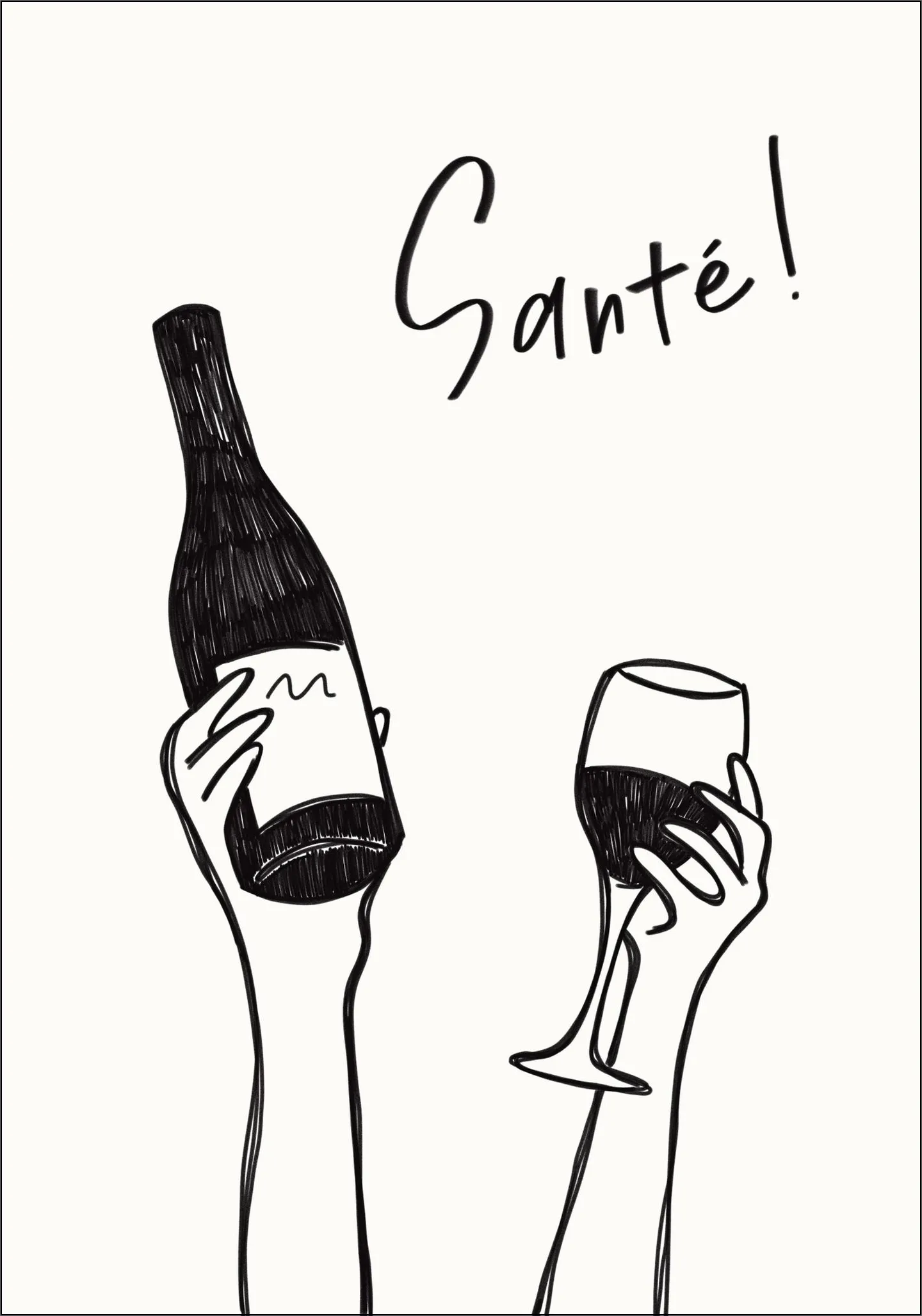 Hands holding a wine bottle and a wine glass with the text "Cheers!" in French