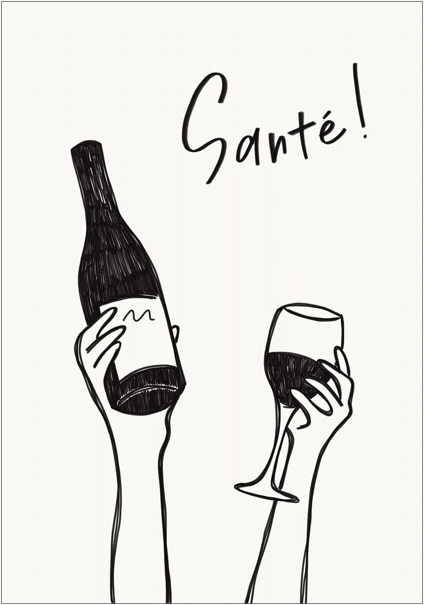 Hands holding a wine bottle and a wine glass with the text "Cheers!" in French