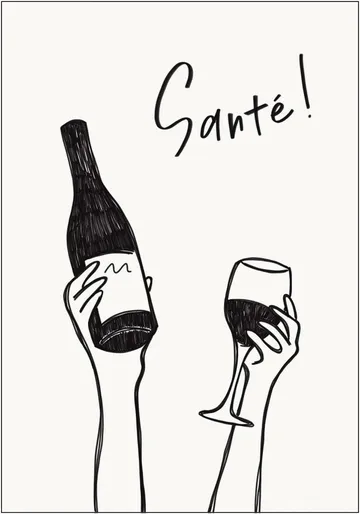 Hands holding a wine bottle and a wine glass with the text "Cheers!" in French