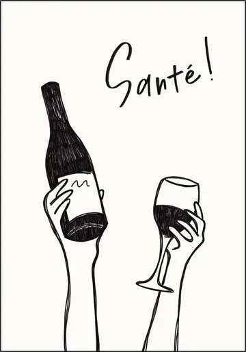 Hands holding a wine bottle and a wine glass with the text "Cheers!" in French