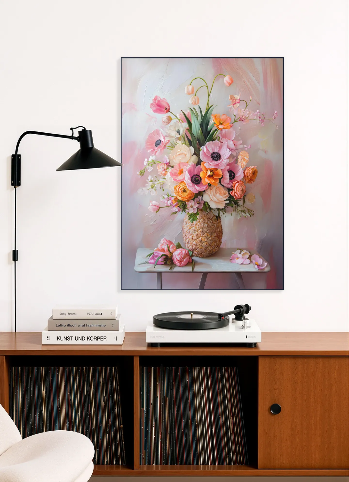 Romantic Pastel Floral Still Life Painting with Flowers in Pineapple Vase