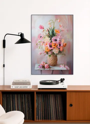 Romantic Pastel Floral Still Life Painting with Flowers in Pineapple Vase