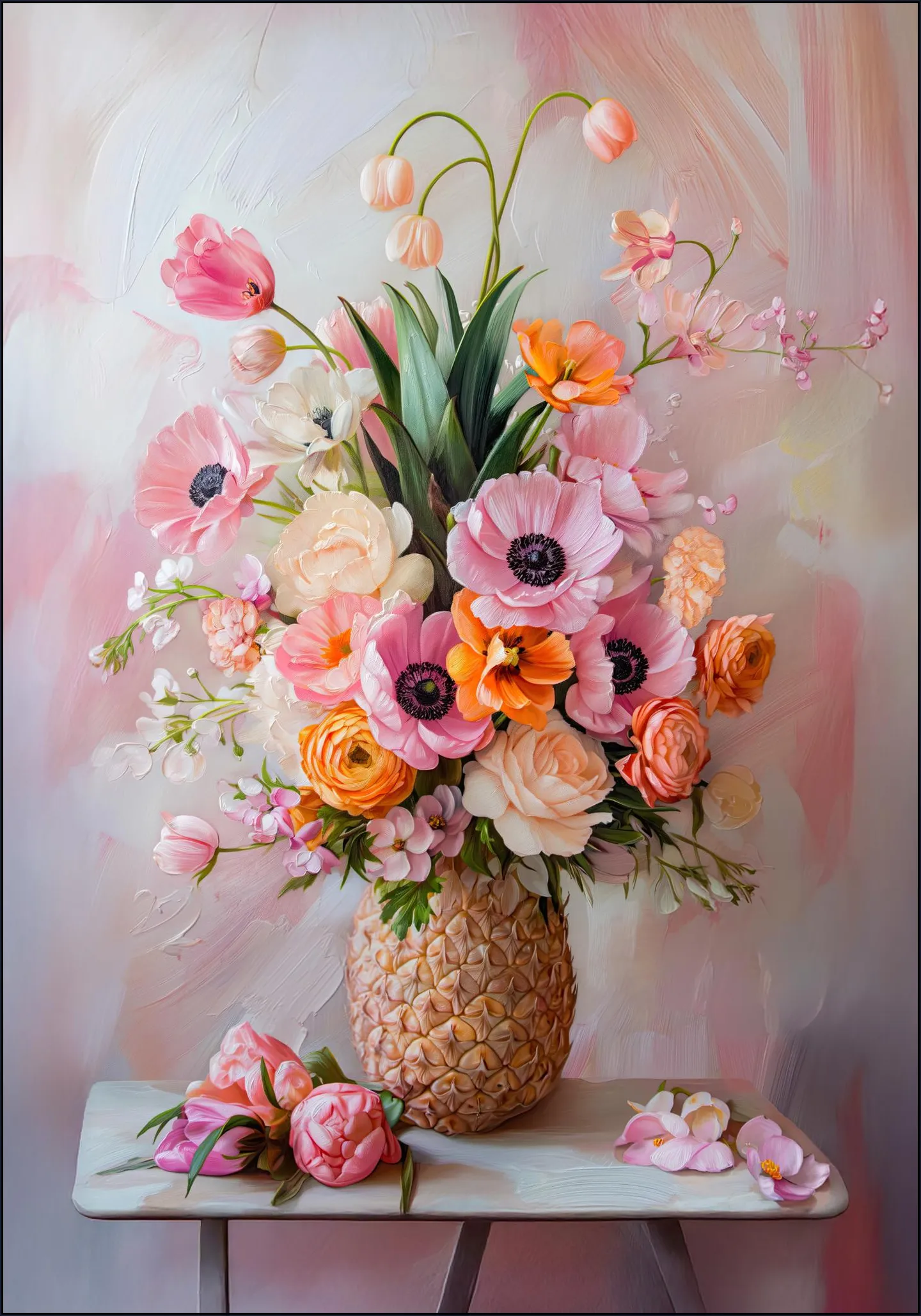Romantic Pastel Floral Still Life Painting with Flowers in Pineapple Vase