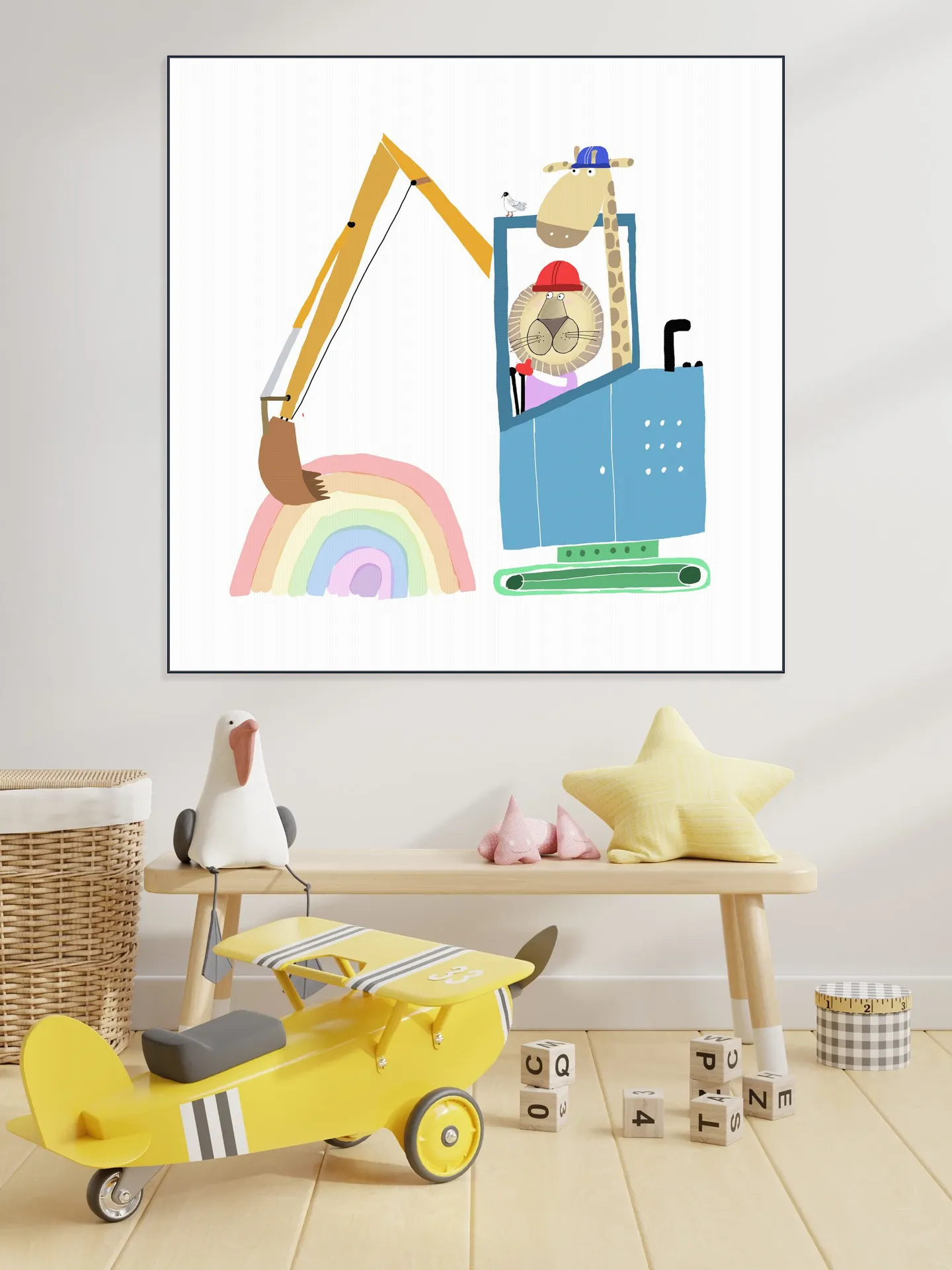 Lion and Giraffe Construction Wokers with Rainbow