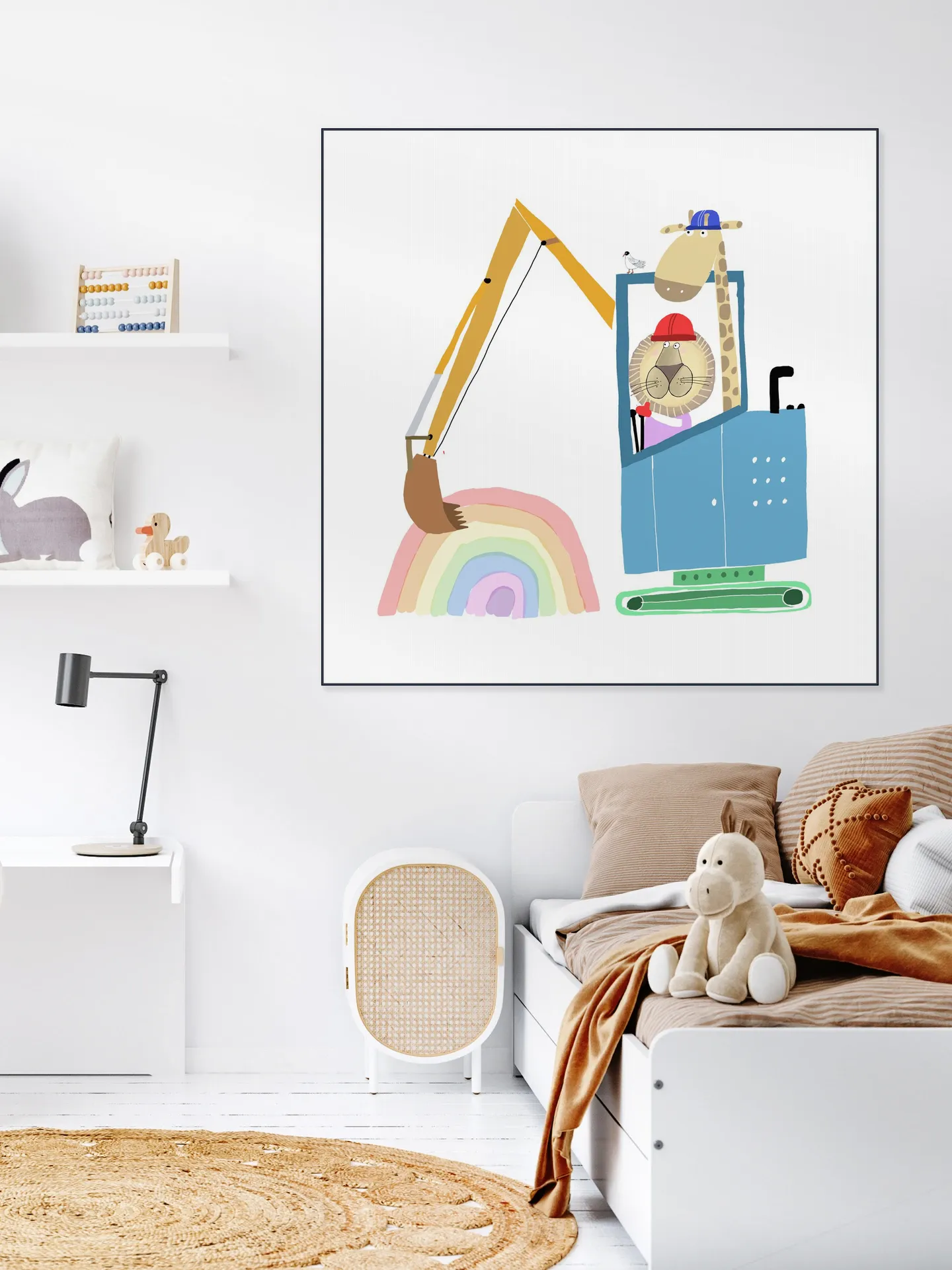 Lion and Giraffe Construction Wokers with Rainbow