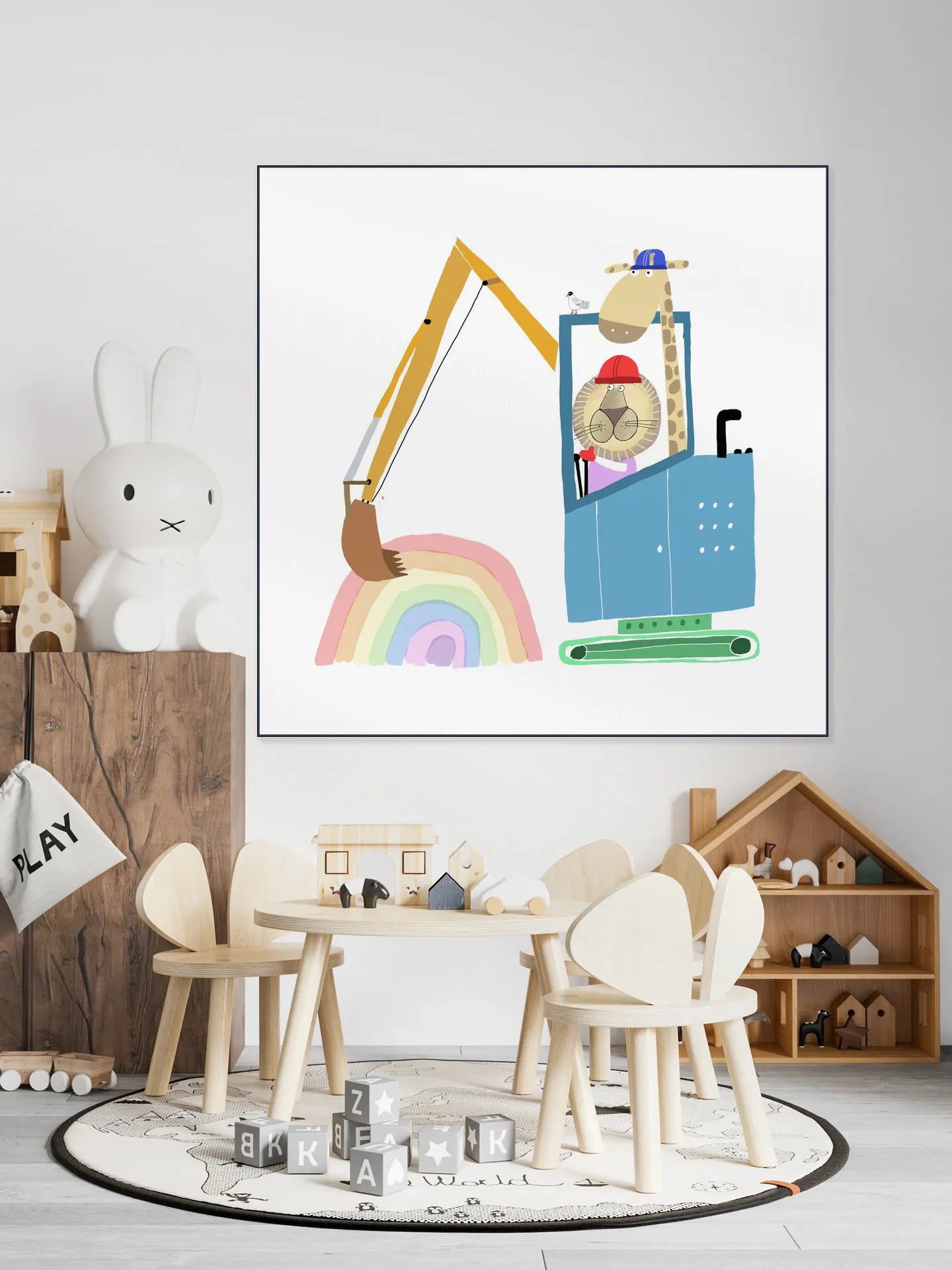 Lion and Giraffe Construction Wokers with Rainbow