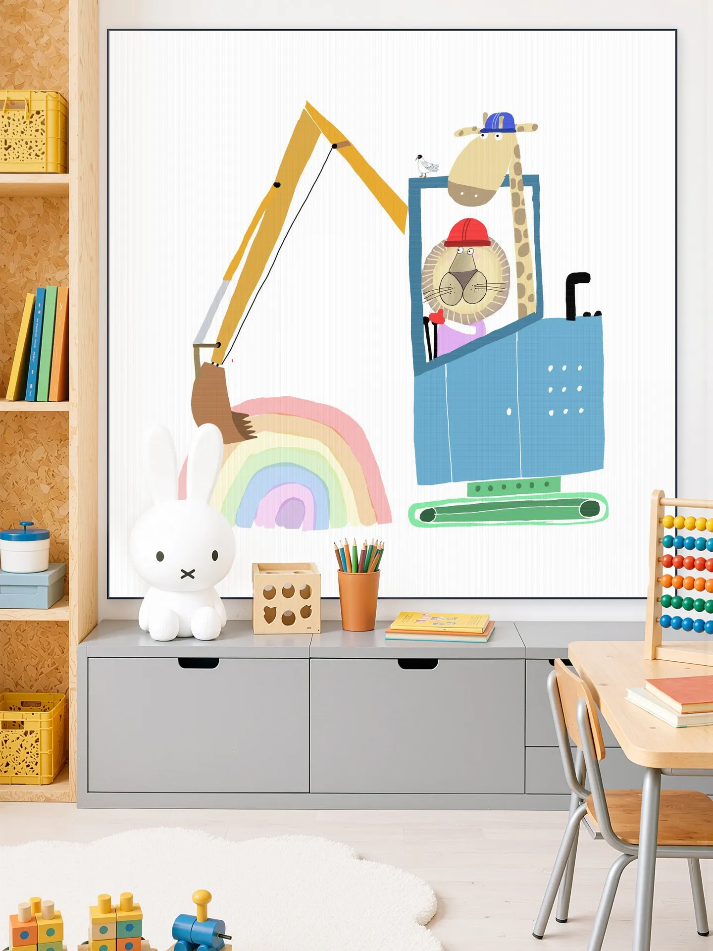 Lion and Giraffe Construction Wokers with Rainbow