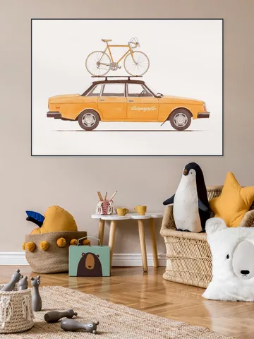 Yellow Vintage Car with Race Bike