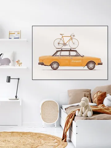 Yellow Vintage Car with Race Bike