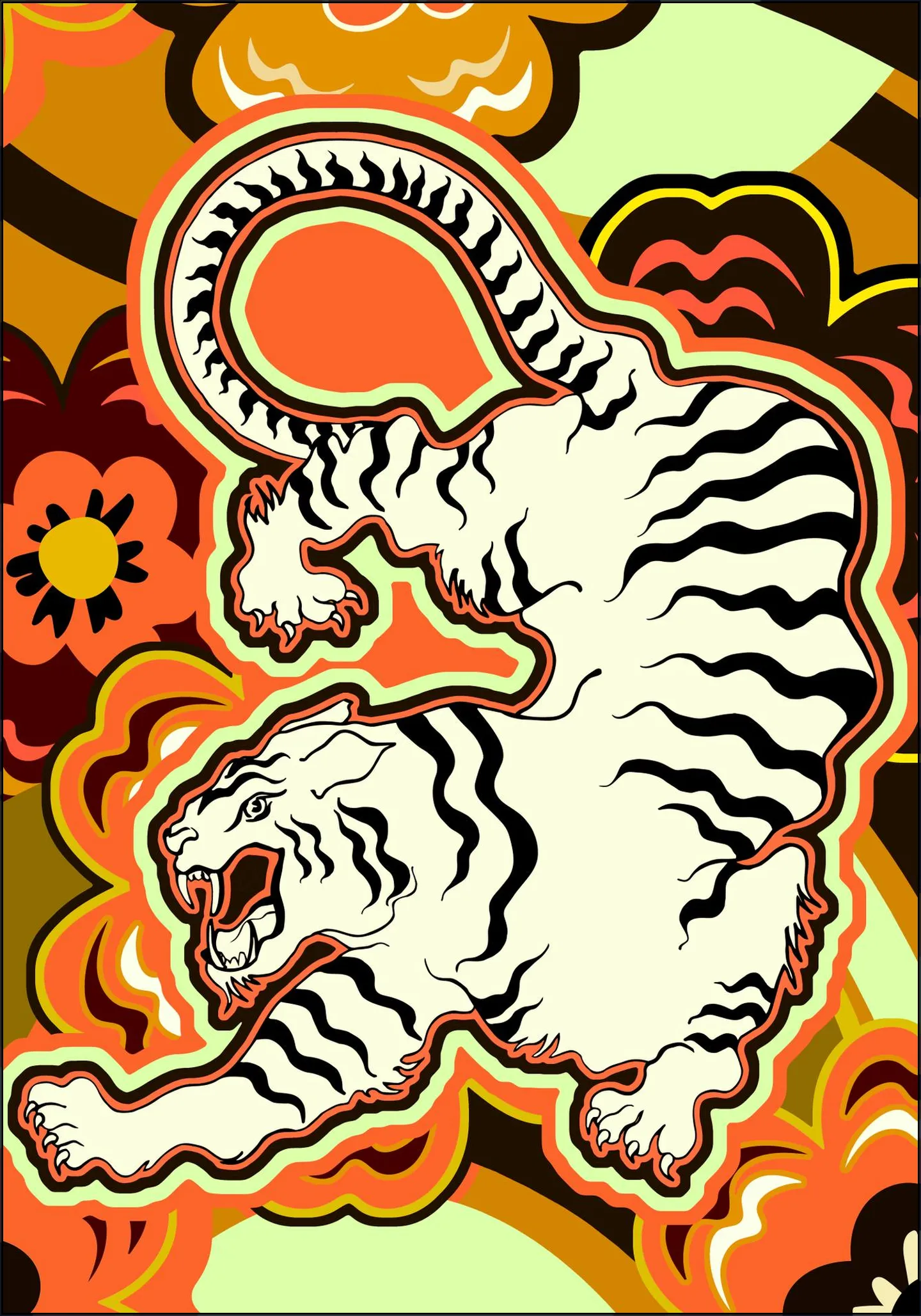 White Tiger Japanese Flowers Ochre Orange