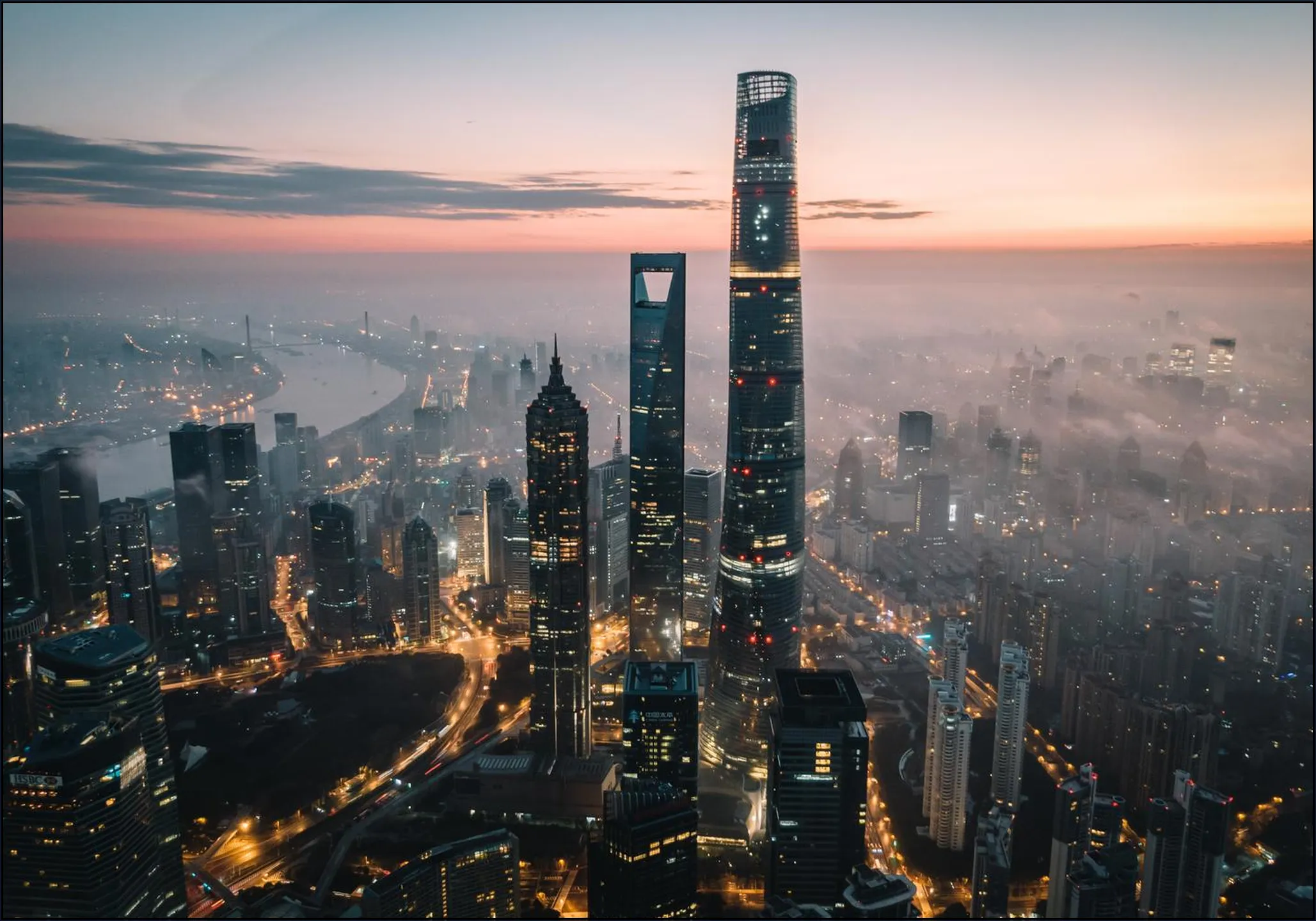 Aerial View of the Lujiazui Skyline China