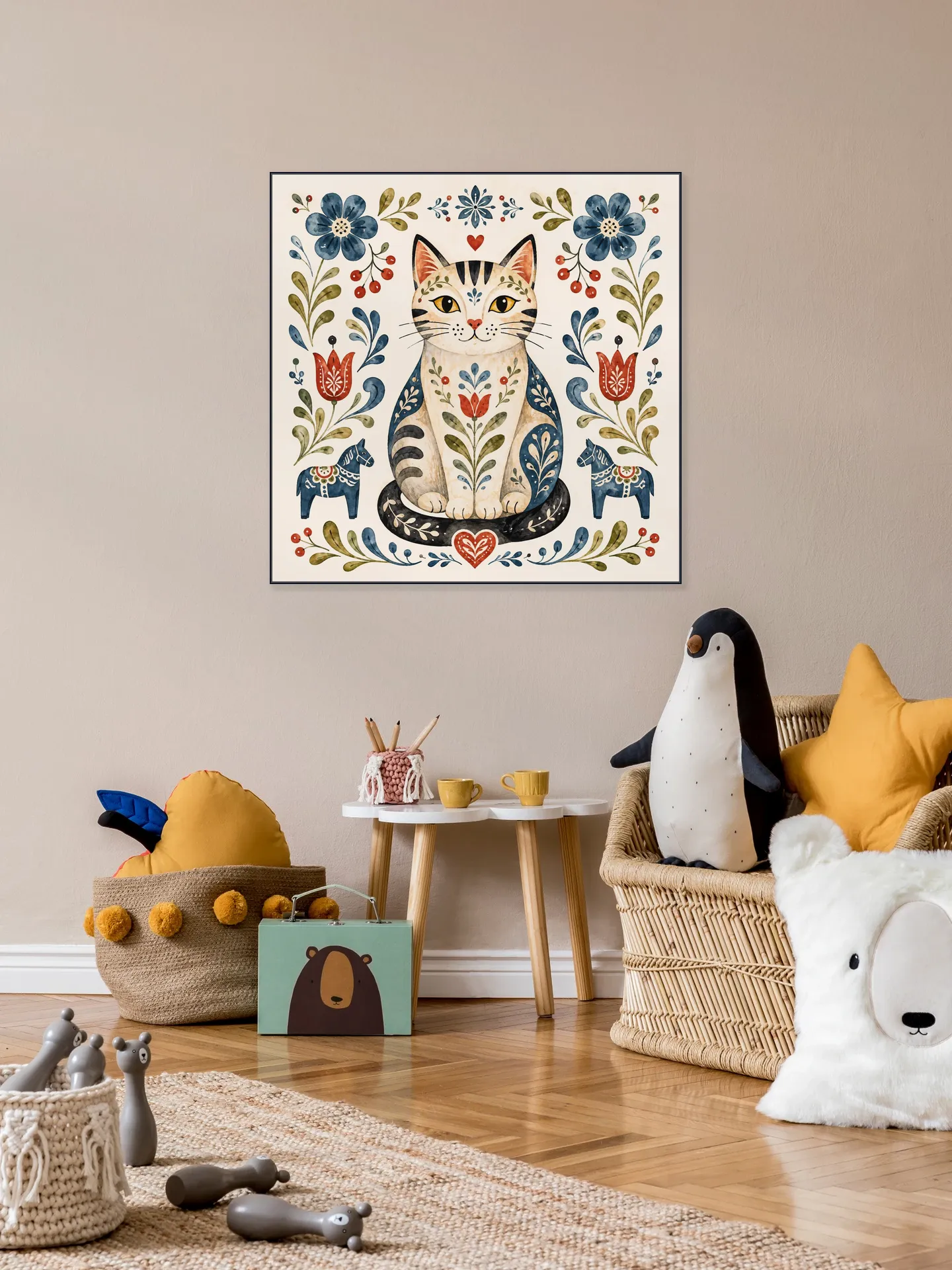 Scandinavian Folk Art - Cat with Flowers