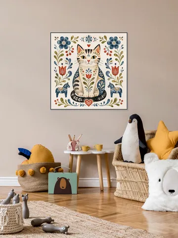 Scandinavian Folk Art - Cat with Flowers