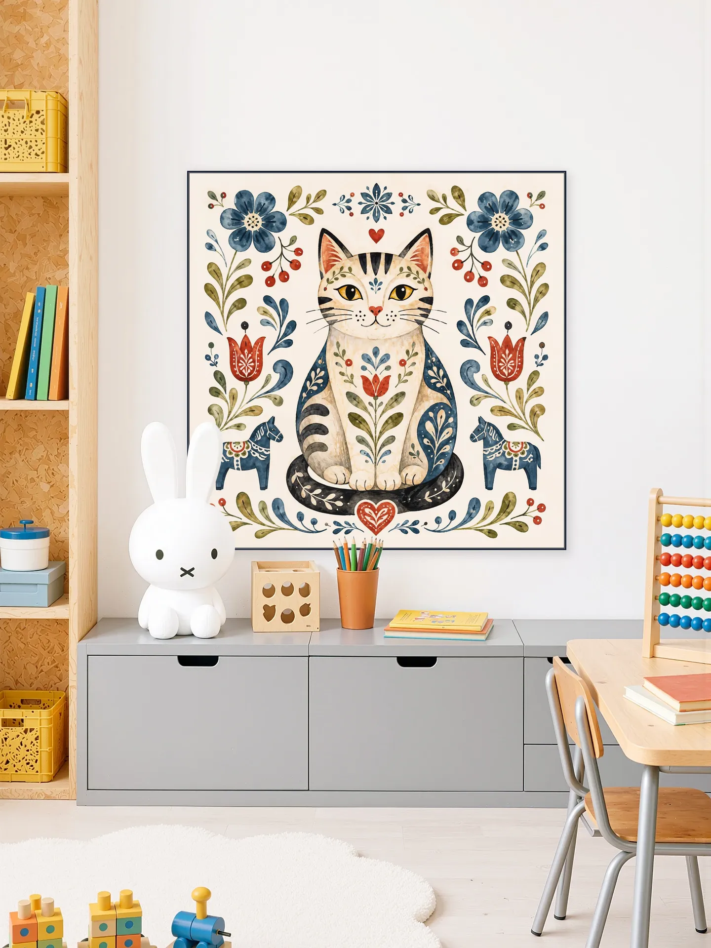 Scandinavian Folk Art - Cat with Flowers
