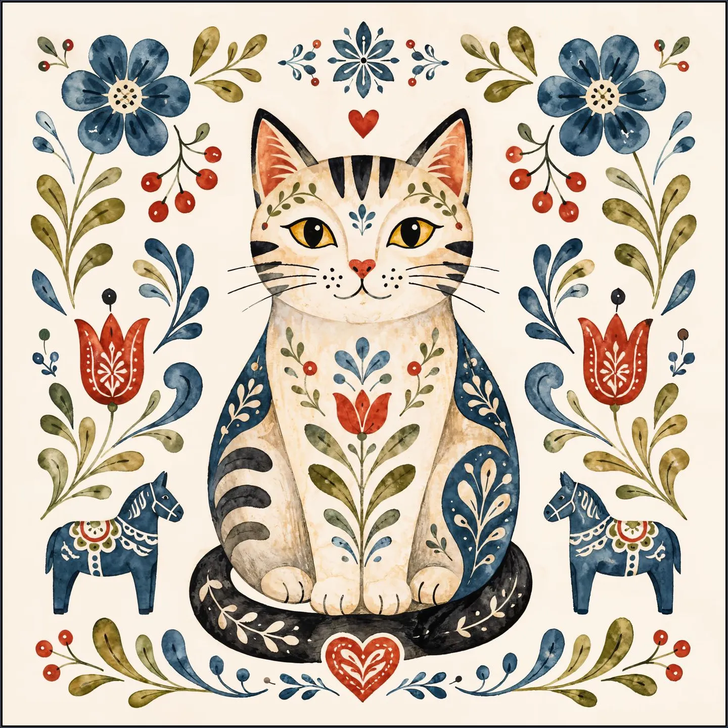 Scandinavian Folk Art - Cat with Flowers
