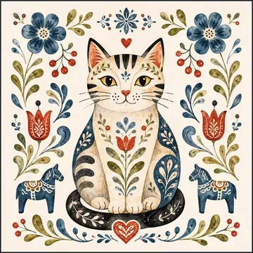 Scandinavian Folk Art - Cat with Flowers