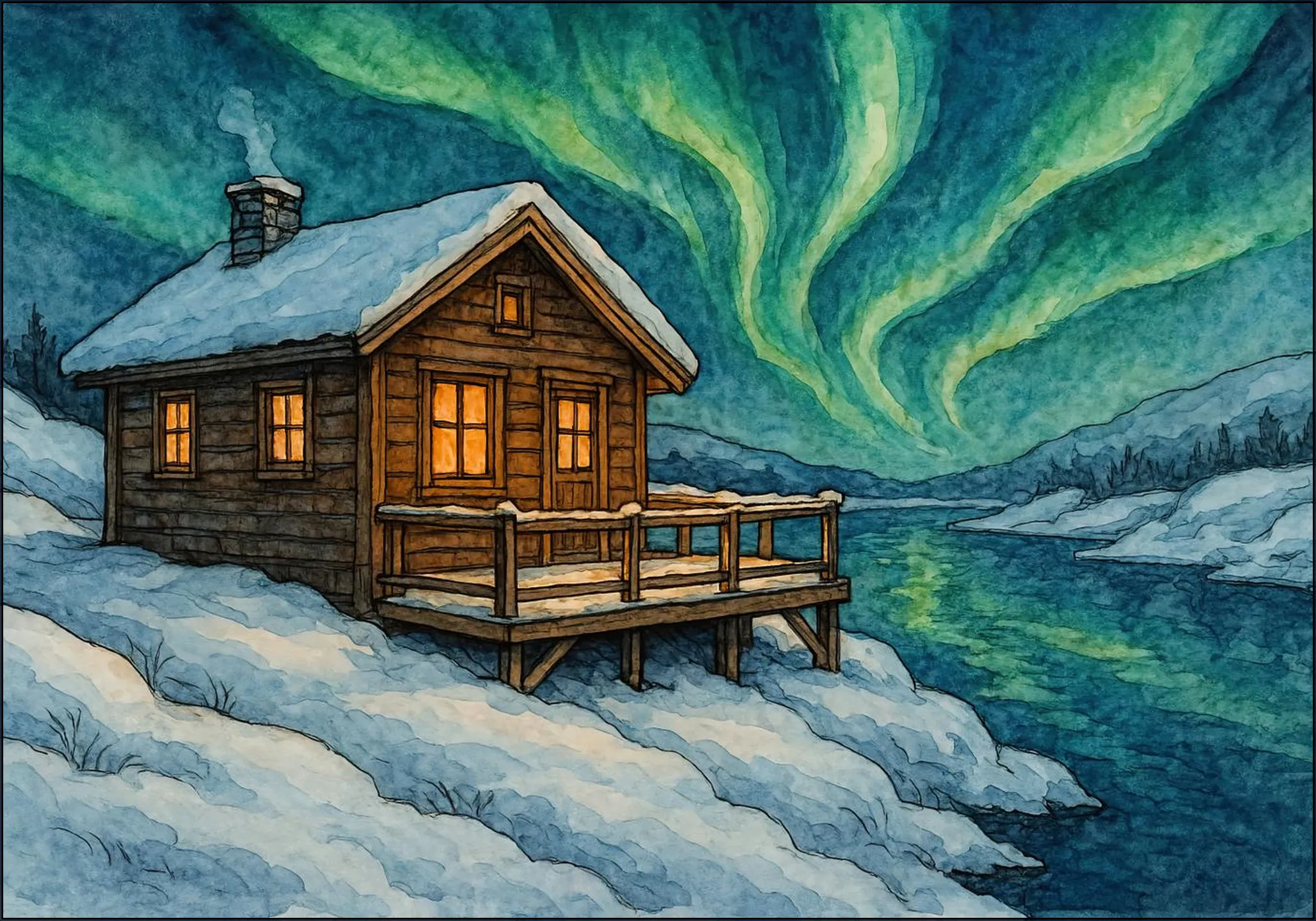 Wooden Cabin Under the Northern Lights