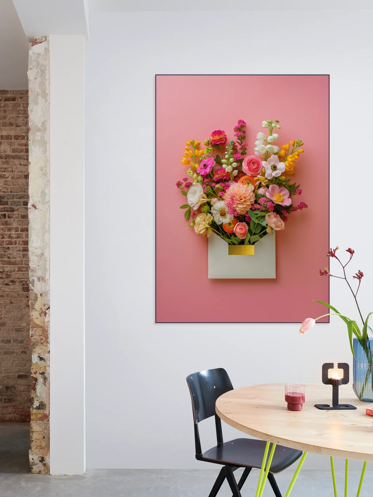 Pink Floral Still Life with Colorful Flowers in Gold Envelope