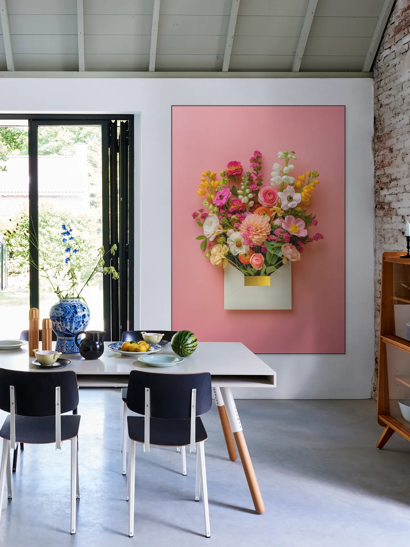 Pink Floral Still Life with Colorful Flowers in Gold Envelope