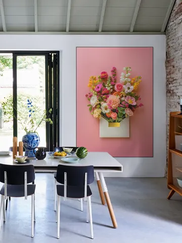 Pink Floral Still Life with Colorful Flowers in Gold Envelope