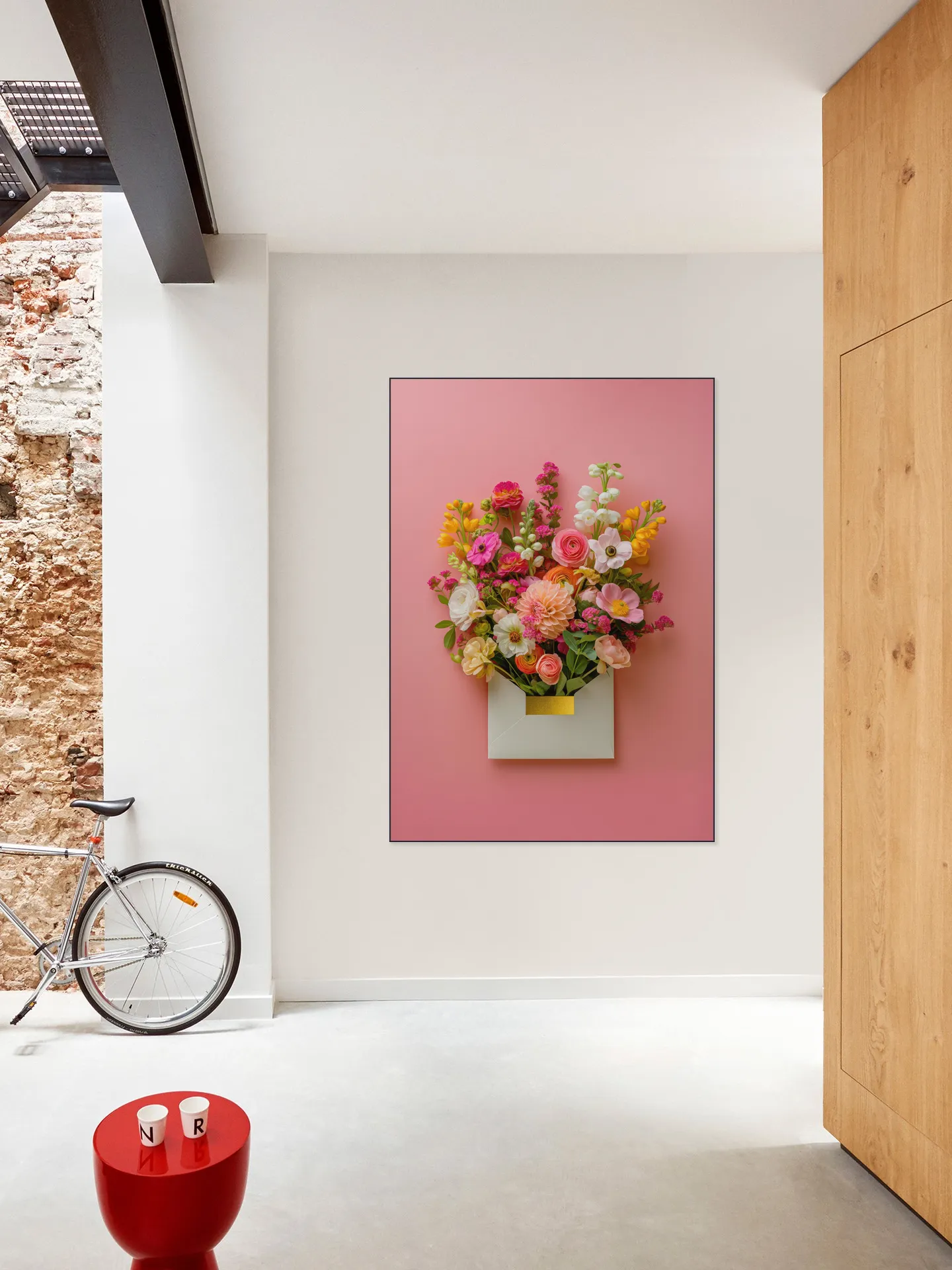 Pink Floral Still Life with Colorful Flowers in Gold Envelope