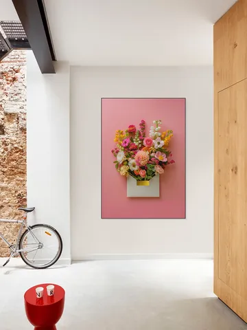 Pink Floral Still Life with Colorful Flowers in Gold Envelope
