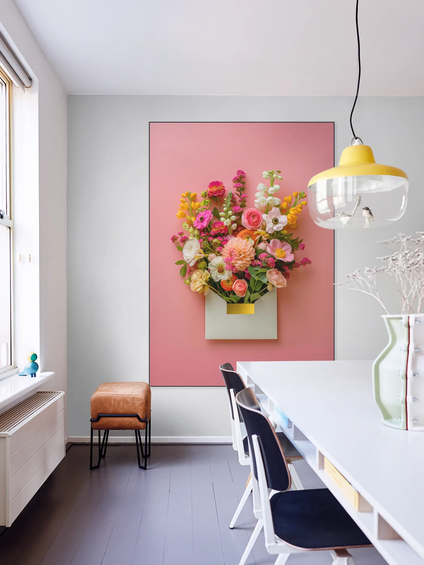 Pink Floral Still Life with Colorful Flowers in Gold Envelope