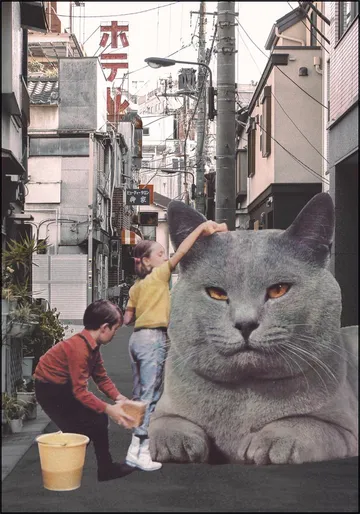 Children washing a giant cat in Tokyo streets