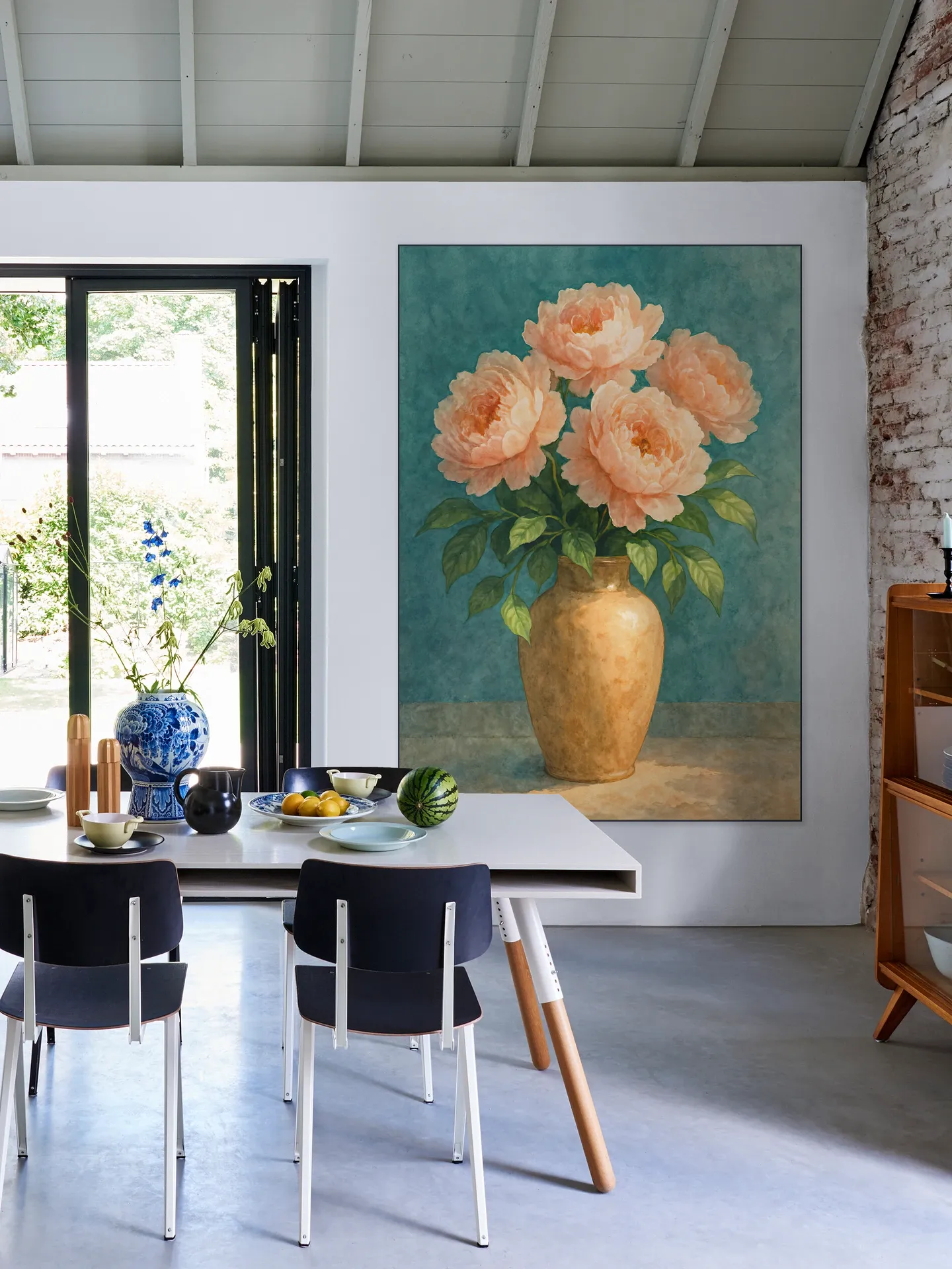 Aardewerk Vaas met Roze Pioenrozen