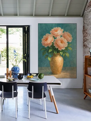 Aardewerk Vaas met Roze Pioenrozen
