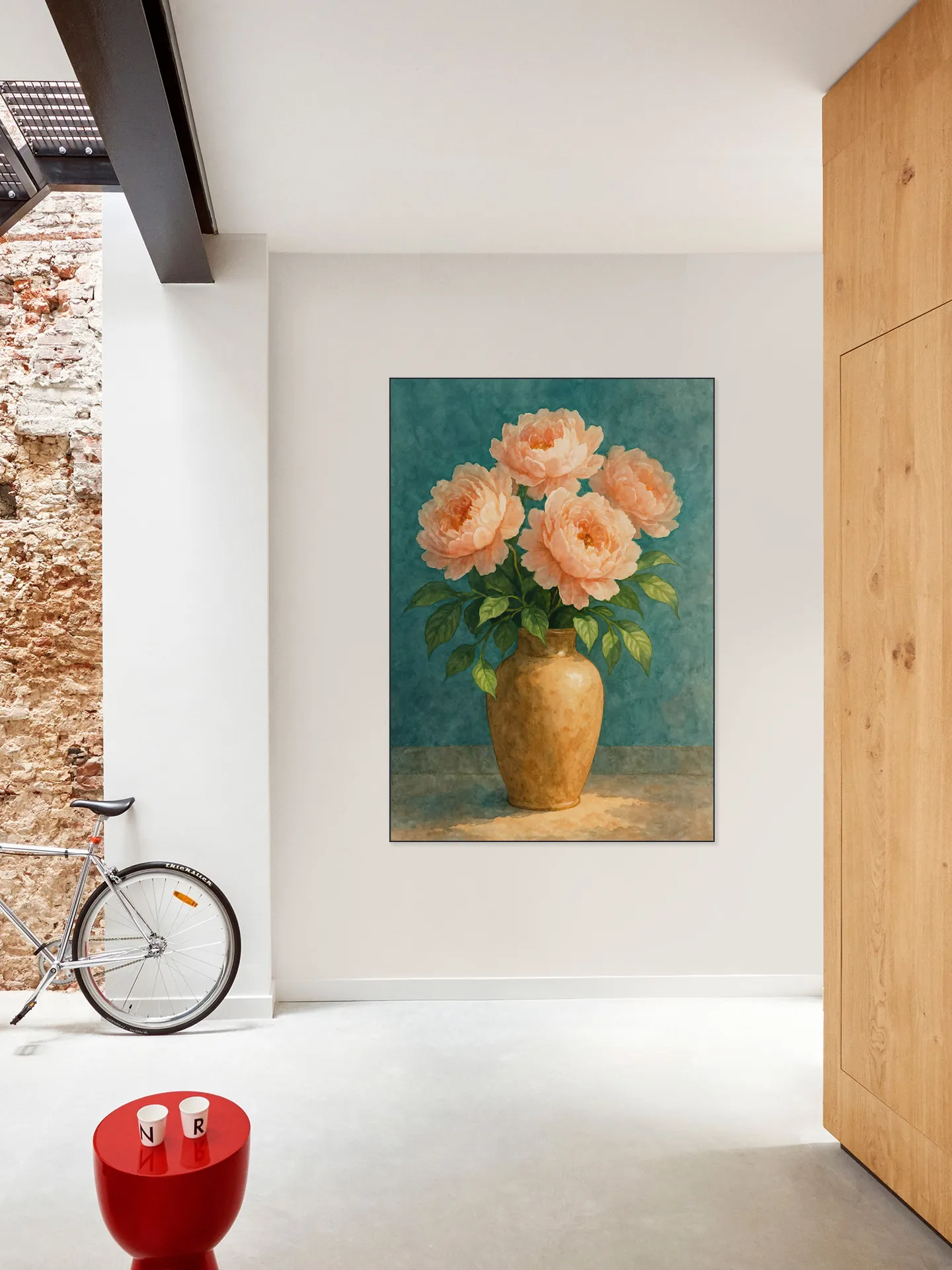Aardewerk Vaas met Roze Pioenrozen