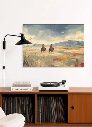 Cowboys on Horseback on a Vast Desert Plain