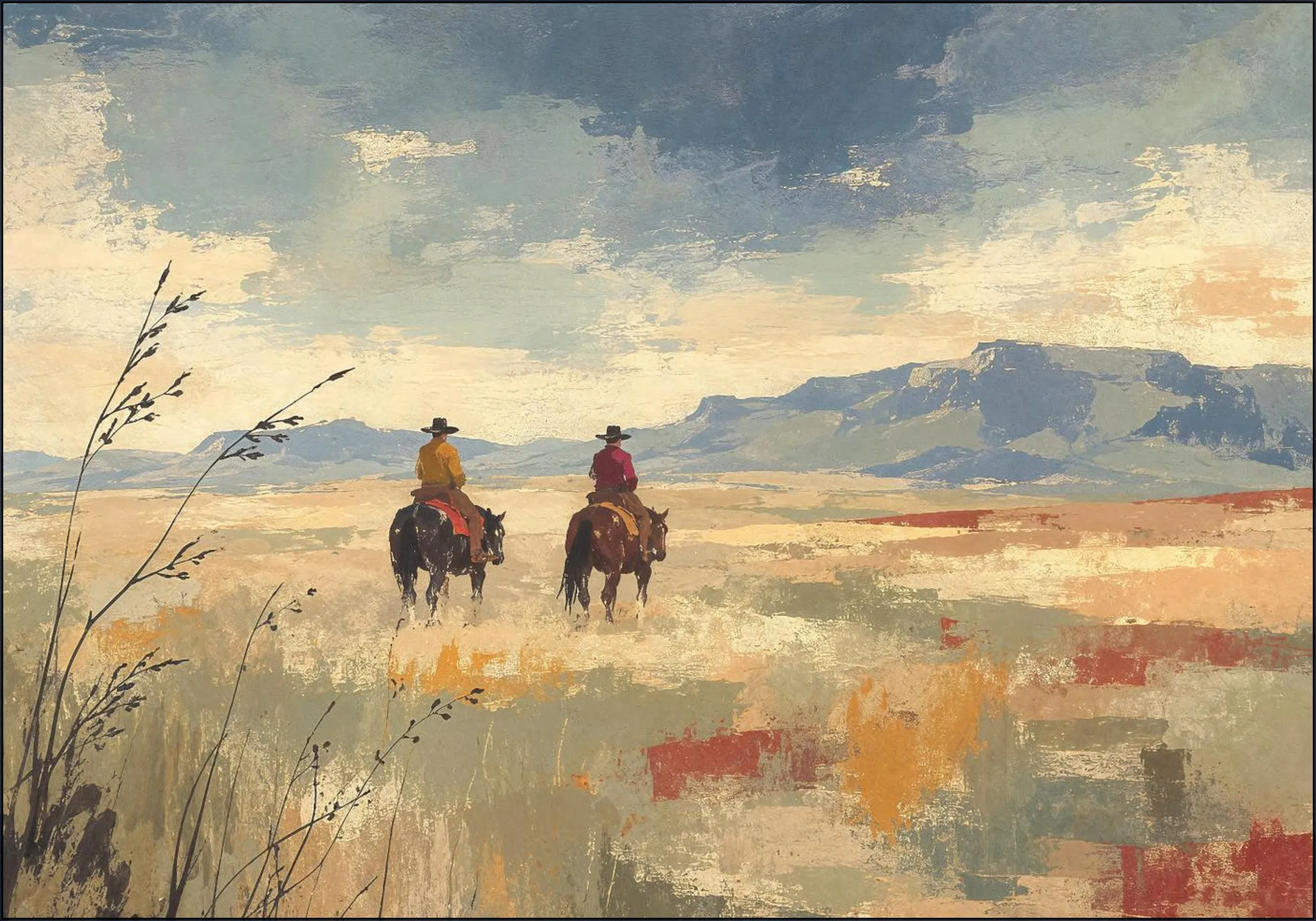 Cowboys on Horseback on a Vast Desert Plain
