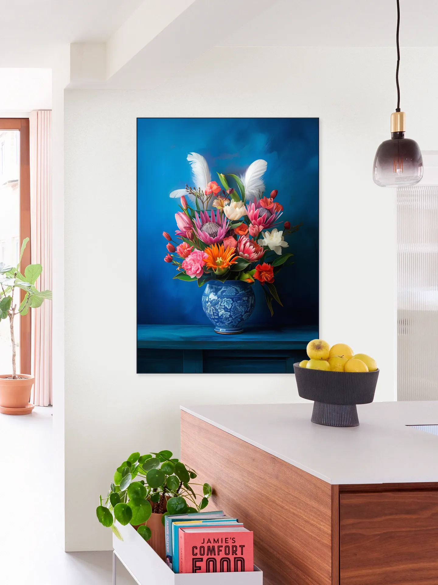 Delft Blue Floral Still Life with Colorful Flowers and White Feathers