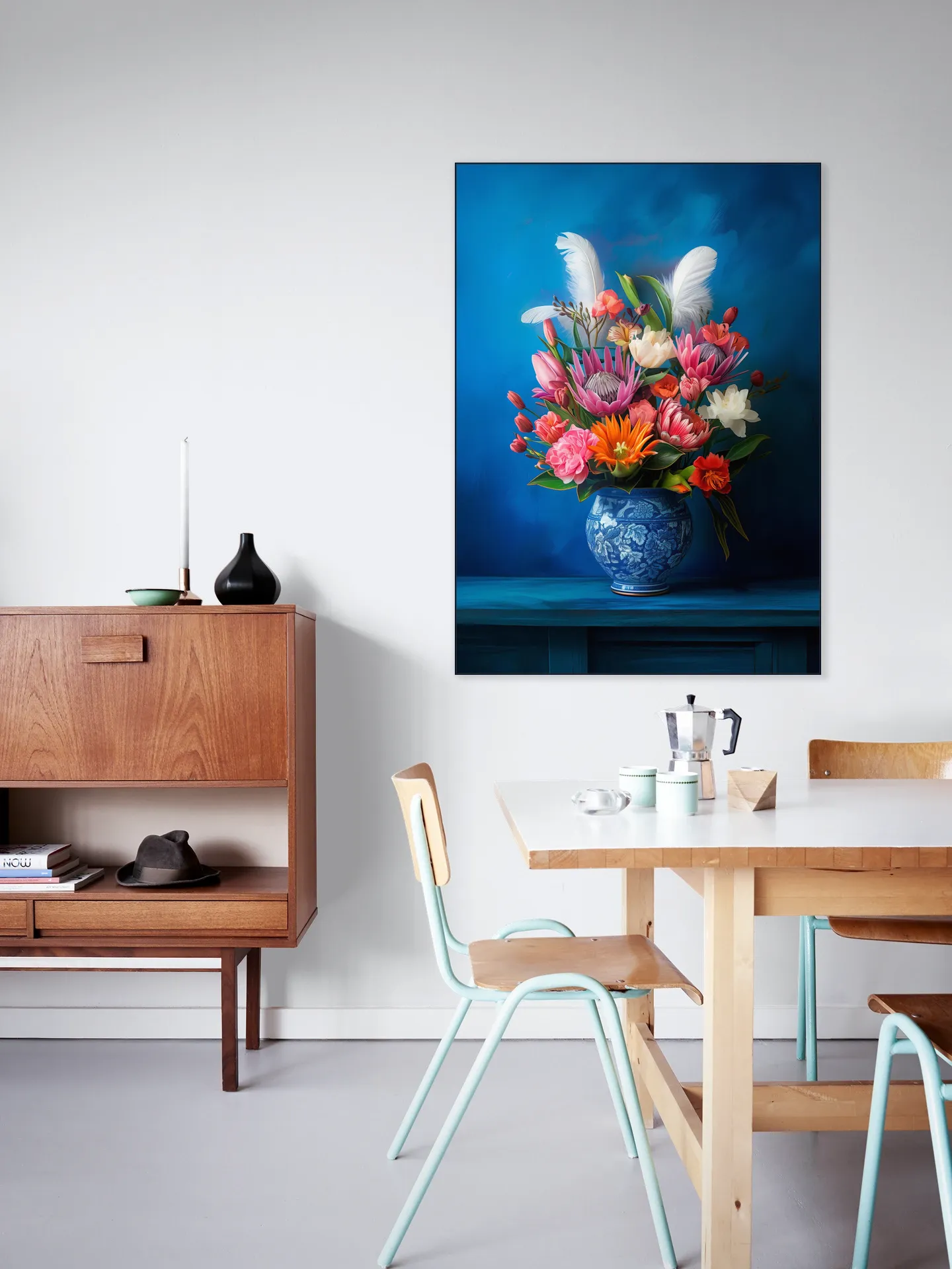 Delft Blue Floral Still Life with Colorful Flowers and White Feathers