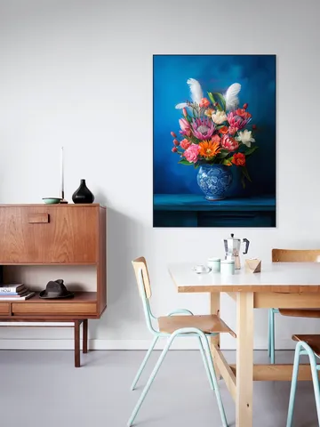 Delft Blue Floral Still Life with Colorful Flowers and White Feathers
