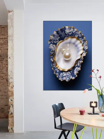 Delft Blue Flower Pattern Oyster with Gold and Pearls