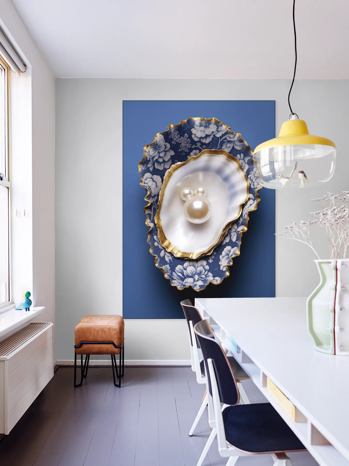 Delft Blue Flower Pattern Oyster with Gold and Pearls