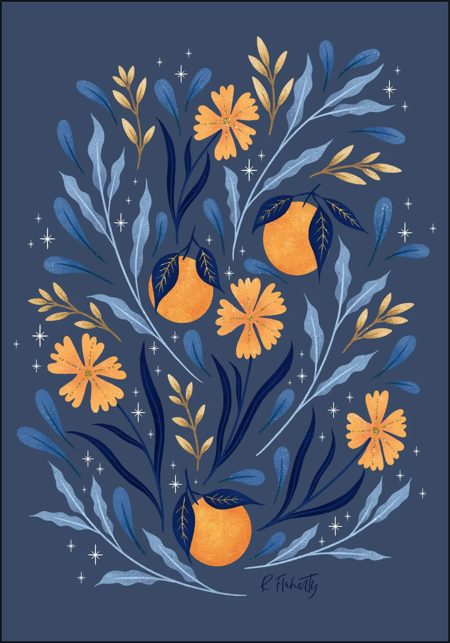 Wild Flowers and Oranges Blue and Gold