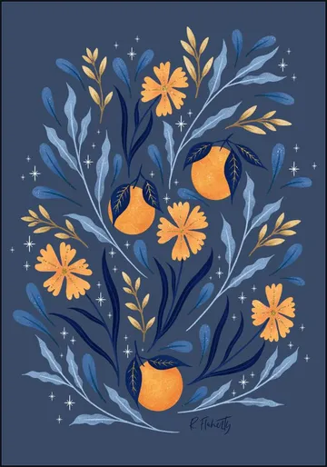 Wild Flowers and Oranges Blue and Gold